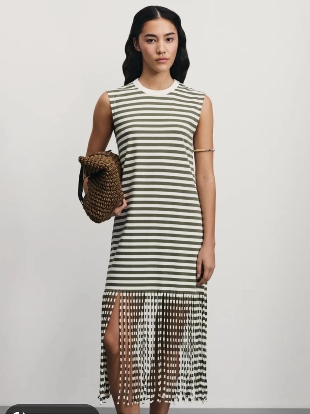 Zara black & White Sleeveless Striped Midi Dress with Fringe